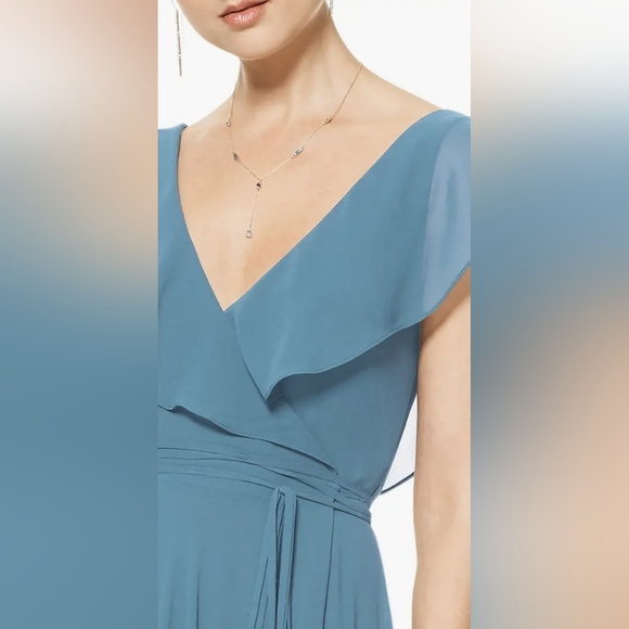 Bill Levkoff Blue Ruffle V-Neck Wrap Gown US 8 - Picture 3 of 7